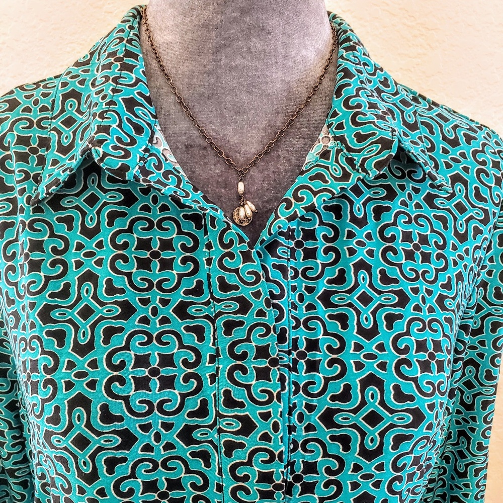 Mlle Gabrielle Black & Aqua Aztec Print Jersey Knit Belted Shift Dress - Size PL - Picture 5 of 10